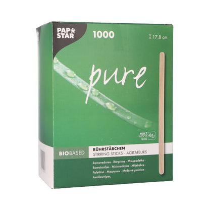 In a green box with the inscription "PAPSTAR 'pure'" from PAPSTAR GmbH are 1000 splinter-free stirring sticks made of birch wood, each 17.8 cm long, with the print "biobased" in various languages and a vertically standing wooden stick depicted on the front.