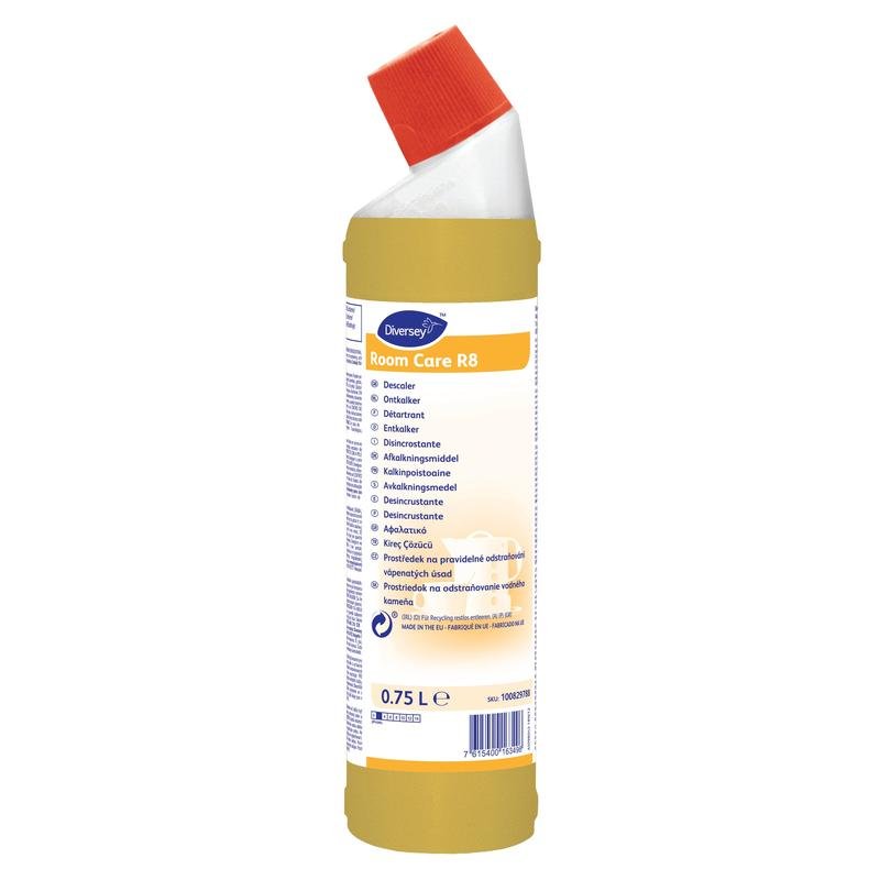 A 750 ml Diversey Deutschland Room Care R8 descaler bottle with a red angled cap and a yellow multilingual label, ideal for removing limescale deposits in the bathroom.
