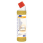 A 750 ml Diversey Deutschland Room Care R8 descaler bottle with a red angled cap and a yellow multilingual label, ideal for removing limescale deposits in the bathroom.
