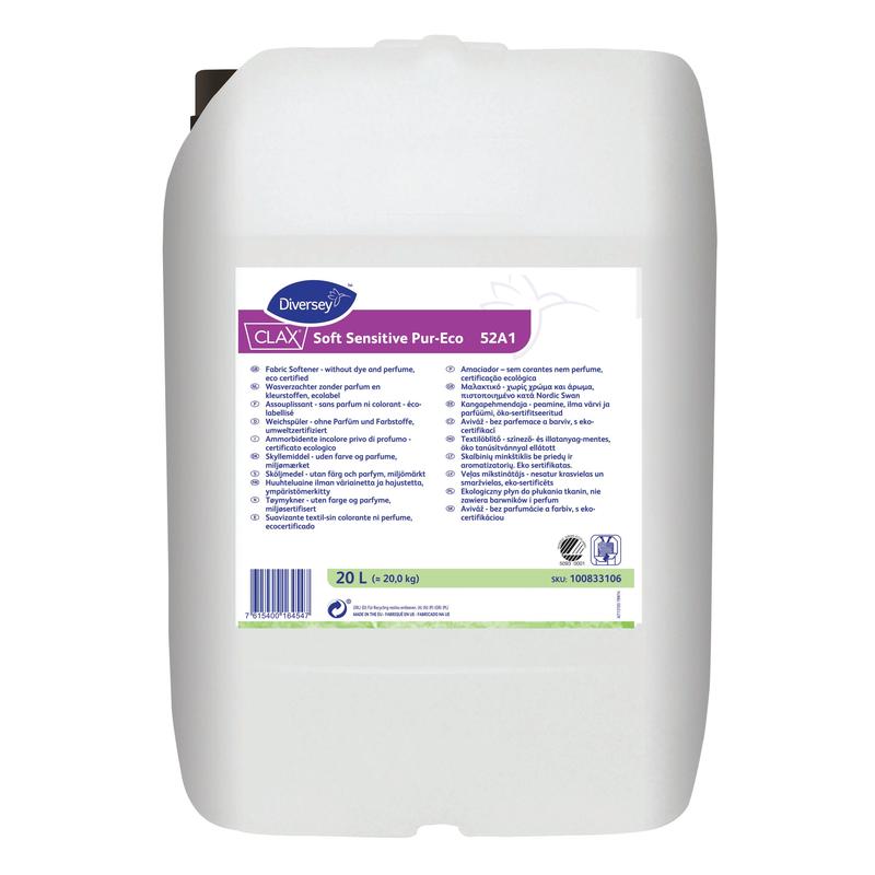 A white 20-liter canister of Diversey Clax Soft Sensitive Pur-Eco, an environmentally certified, perfume and dye-free fabric softener from Diversey Deutschland GmbH & Co. OHG, with a violet-white label containing product information.