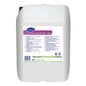A white 20-liter canister of Diversey Clax Soft Sensitive Pur-Eco, an environmentally certified, perfume and dye-free fabric softener from Diversey Deutschland GmbH & Co. OHG, with a violet-white label containing product information.