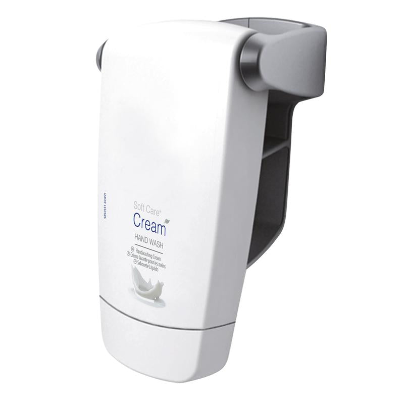 A white wall dispenser with the inscription "Soft Care Cream Hand Wash" by Diversey Deutschland GmbH & Co. OHG, with gray side walls and bottom outlet, ideal for gentle skin-friendly mild lotion for hand cleaning (250 ml bottle).