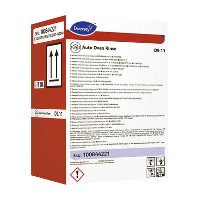 A box of Diversey Suma Auto Oven Rinse D9.11, rinse aid for automatic combi oven cleaning from Diversey Deutschland GmbH & Co. OHG, with a red/white label with product information, barcode, item number, and symbols - ideal for removing limescale deposits.