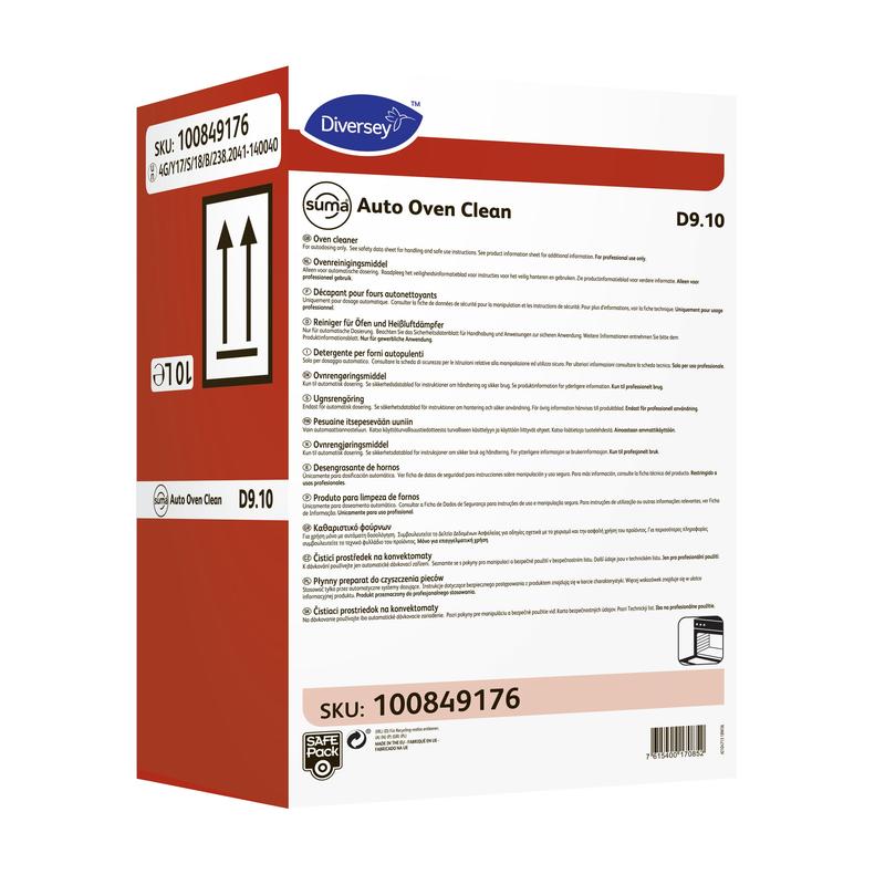 A white-red 5-liter canister Diversey Suma Auto Oven Clean D9.10, a highly alkaline cleaner for automatic convection oven cleaning by Diversey Deutschland GmbH & Co. OHG, with multilingual instructions and SKU 100849176.