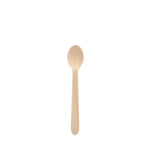 A PAPSTAR wooden coffee spoon "pure", 11 cm, from PAPSTAR GmbH (folding box, 100 pieces) is centered on a plain white background.