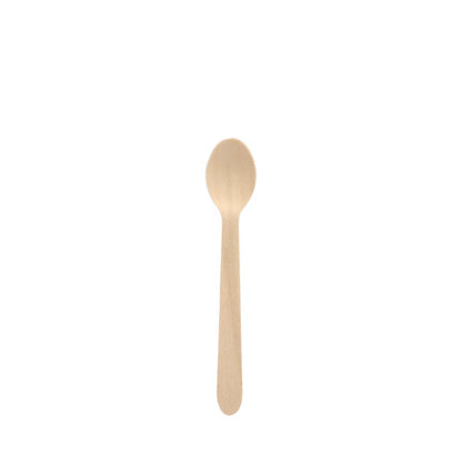 A PAPSTAR wooden coffee spoon "pure", 11 cm, from PAPSTAR GmbH (folding box, 100 pieces) is centered on a plain white background.