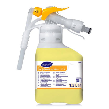 A 5-liter canister of Diversey Suma Break up D3.5 grease remover, aluminum safe from Diversey Deutschland GmbH & Co. OHG, ideal for effective kitchen cleaning and safe for use on aluminum surfaces.