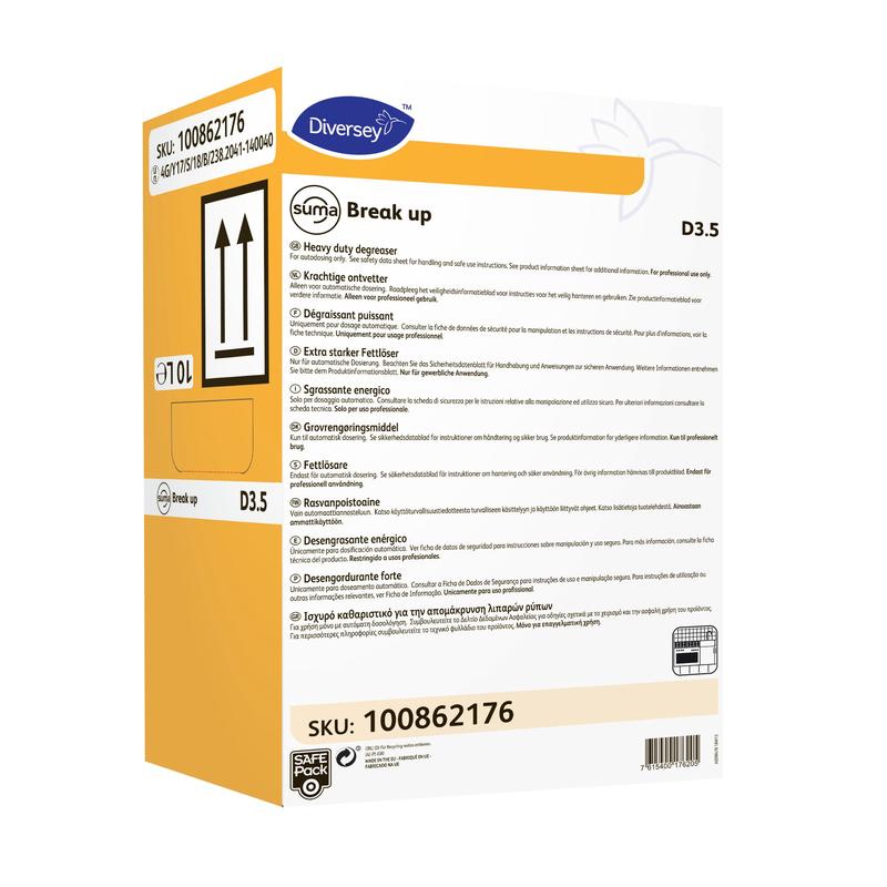 A rectangular yellow-white 5-liter canister with Diversey Suma Break up D3.5 grease remover (aluminum safe) from Diversey Deutschland GmbH & Co. OHG, with application details, instructions, SKU 100862176, and arrows for the upright position on the label.