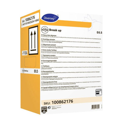 A rectangular yellow-white 5-liter canister with Diversey Suma Break up D3.5 grease remover (aluminum safe) from Diversey Deutschland GmbH & Co. OHG, with application details, instructions, SKU 100862176, and arrows for the upright position on the label.