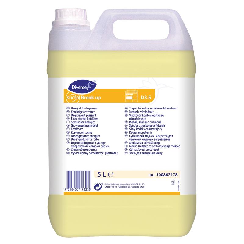 A 5-liter canister of Diversey Suma Break up D3.5 grease remover, aluminum safe, from Diversey Deutschland GmbH & Co. OHG. With yellow liquid and handle, labeled in multiple languages for safe use on aluminum surfaces.