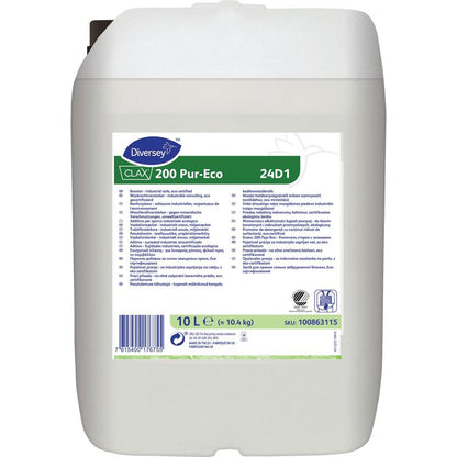 A white 10-liter plastic container with Clax 200 PE 24D1, ecological concentrated washing power enhancer from Diversey Deutschland GmbH & Co. OHG, with an environmentally friendly label with instructions for use, technical data, and barcode on the front.