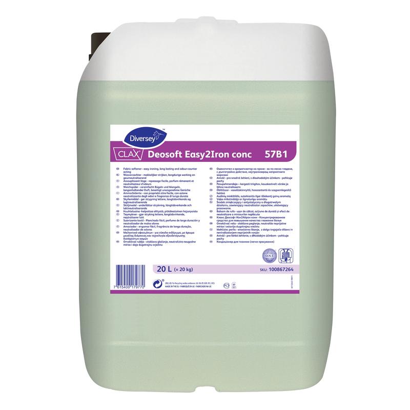 A transparent 20-liter container with Diversey Clax Deosoft Easy2Iron Conc 57B1 fabric softener with ironing-friendly properties, ideal for professional laundries, with a white screw cap and labeled tag.