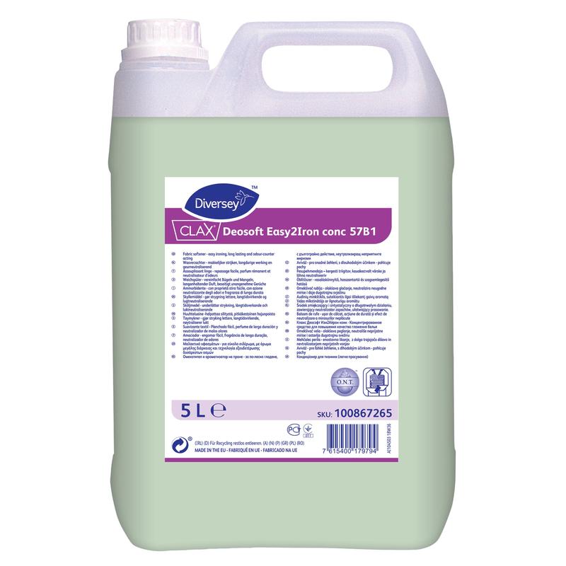 A 5-liter plastic container with Clax Deosoft Easy2Iron Conc 57B1 fabric softener with ironing-friendly properties from Diversey Deutschland GmbH & Co. OHG, with a white lid, light green liquid, and a label with details, instructions, and barcode.