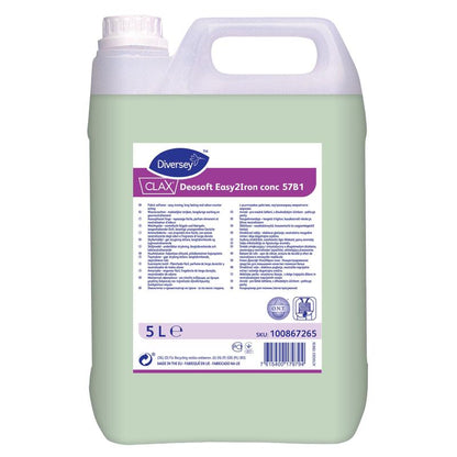 A 5-liter plastic container with Clax Deosoft Easy2Iron Conc 57B1 fabric softener with ironing-friendly properties from Diversey Deutschland GmbH & Co. OHG, with a white lid, light green liquid, and a label with details, instructions, and barcode.