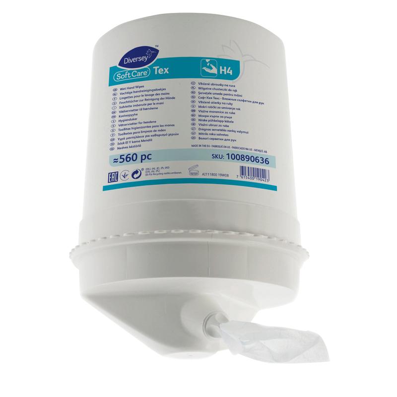 A white dispenser labeled "Soft Care Tex H42" from Diversey Deutschland GmbH & Co. OHG dispenses moist cleaning wipes impregnated with alcohol. The bucket, which holds 560 sheets, is equipped with a multilingual label with application instructions and product information.
