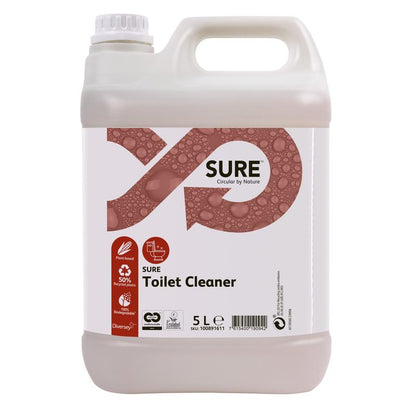 A 5-liter plastic container with SURE Toilet Cleaner, WC & Urinal Cleaner from Diversey Deutschland GmbH & Co. OHG with a white screw cap and handle, featuring a brown infinity symbol, bubbles, product name, and symbols for effective cleaning.