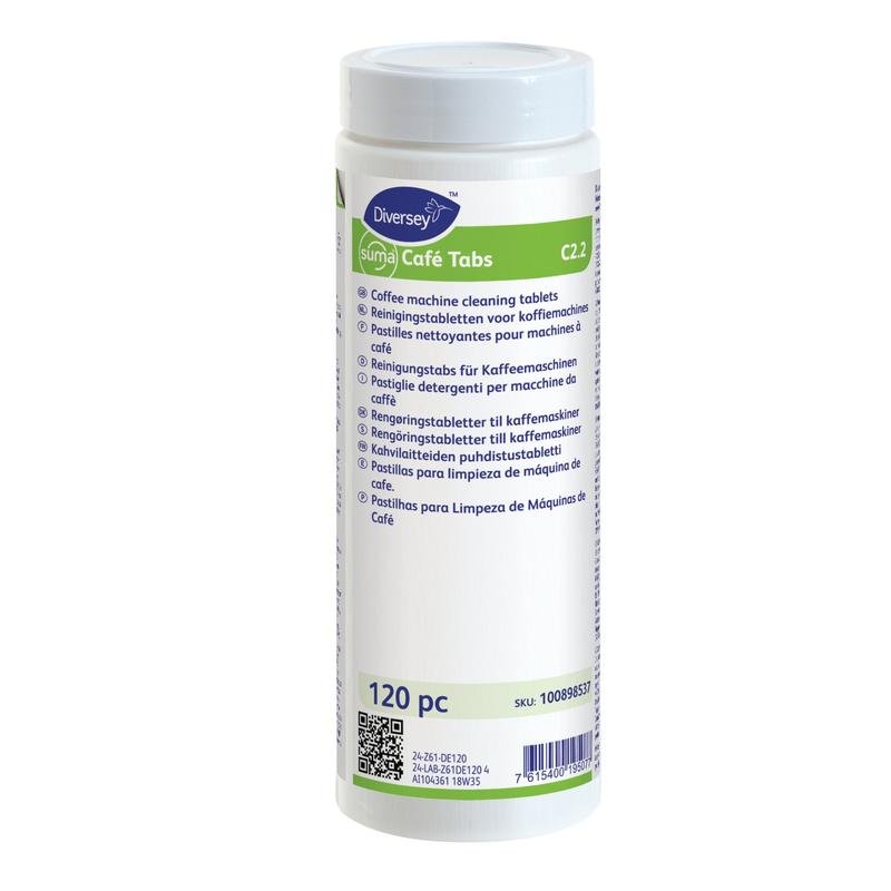 A white plastic container with Suma Café Tabs C2.2 cleaning tablets for coffee machines (120 pieces) from Diversey Deutschland GmbH & Co. OHG for the removal of coffee residues is depicted against a white background with multilingual labeling.