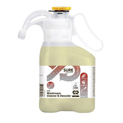 A 1.5-liter plastic container SURE Washroom Cleaner & Descaler, sanitary cleaner and descaler from Diversey Deutschland GmbH & Co. OHG, with a yellow cap, dosing hose, product label, eco-certifications, and instructions for use.