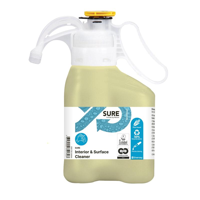 A light yellow SURE Interior & Surface Cleaner All-purpose cleaner from Diversey Deutschland GmbH & Co. OHG in a handy plastic bottle with a measuring cap; labeled as environmentally friendly with plant-based ingredients, eco-symbols, and application instructions.