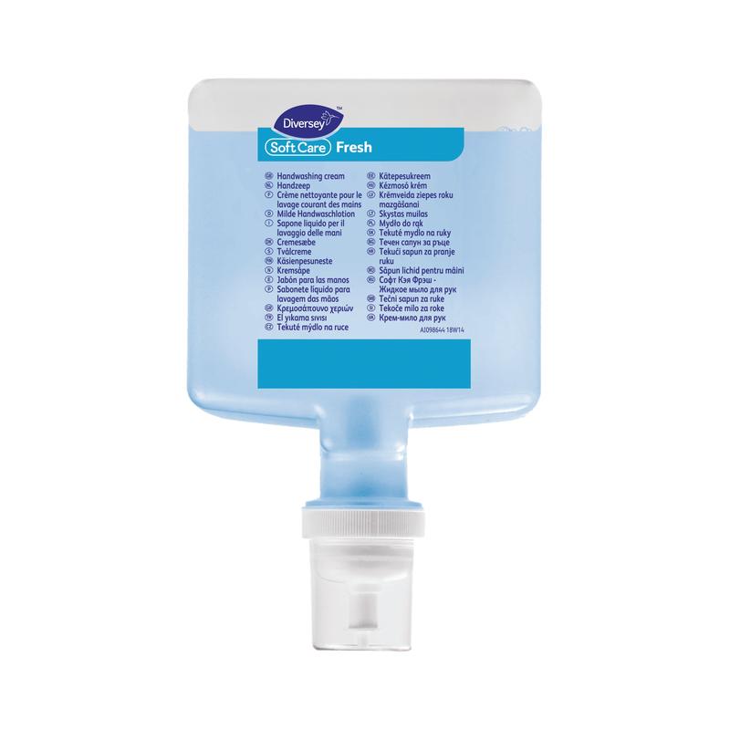 A rectangular, transparent soap dispenser made of plastic with a white pump at the bottom contains the blue Soft Care Fresh Mild Handwash Lotion from Diversey Deutschland GmbH & Co. OHG. The label shows "gentle cleaning" and multilingual instructions for use.