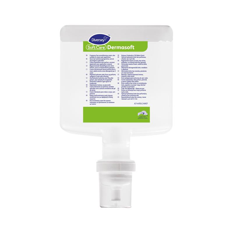 A rectangular, transparent plastic bottle of Soft Care Dermasoft skincare cream by Diversey Deutschland GmbH & Co. OHG with a green-white label and a white pump dispenser, along with multilingual product details and instructions.