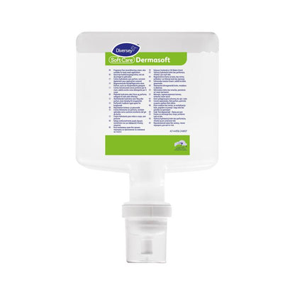 A rectangular, transparent plastic bottle of Soft Care Dermasoft skincare cream by Diversey Deutschland GmbH & Co. OHG with a green-white label and a white pump dispenser, along with multilingual product details and instructions.