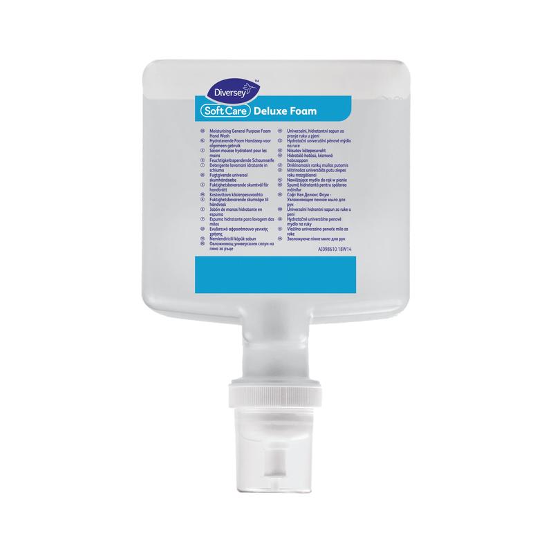 The Soft Care Deluxe foam dispenser from Diversey Deutschland GmbH & Co. OHG holds 1300 ml of indulgent foam soap for high demands. It features a white pump, blue and purple lettering, and is ideal for luxurious cleaning.