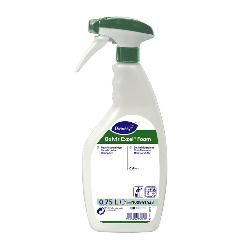 A 750 ml Oxivir Excel™ Foam Disinfectant Cleaner with AHP, ready-to-use, from Diversey Deutschland GmbH & Co. OHG, is presented with a foam sprayer and green-white spray head against a white background.