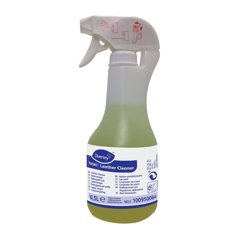 The TASKI leather cleaner from Diversey Deutschland GmbH & Co. OHG in the 500 ml spray bottle with white-blue label is ideal for cleaning leather furniture and maintaining its natural beauty and suppleness.