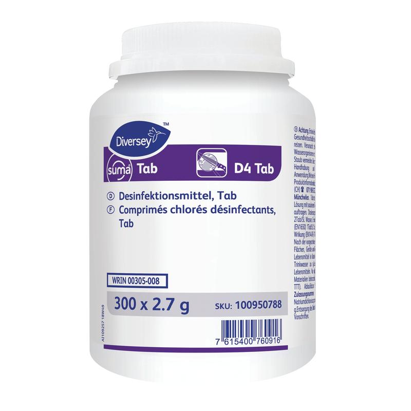 A white plastic container labeled "Suma Tab D4, chlorine-based disinfection tablets" from Diversey Deutschland GmbH & Co. OHG contains 200 tablets (per dose) with German/French instructions and product information.