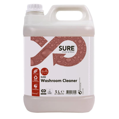 A 5-liter plastic container of SURE Washroom Cleaner Sanitizer from Diversey Deutschland GmbH & Co. OHG, with a white casing and lid, brown bubble label graphics, hygienic cleanliness benefits, and a biodegradable formula.