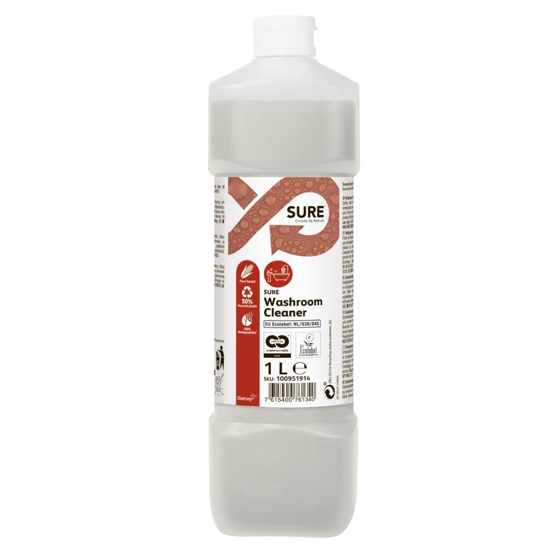 A 1-liter plastic bottle of SURE Washroom Cleaner Sanitizer from Diversey Deutschland GmbH & Co. OHG has a white cap, clear liquid, and a white label with product details, instructions, symbols, and its biodegradable formula for hygienic cleanliness.