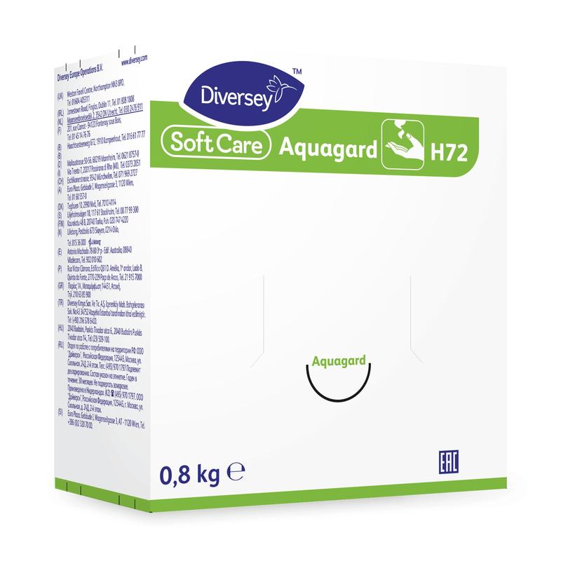 A white-green box with the inscription "Soft Care Aquagard, Skin Protection Cream | Cartridge (800 g)" from Diversey Deutschland GmbH & Co. OHG displays logos, icons, text, and emphasizes protection against environmental influences.