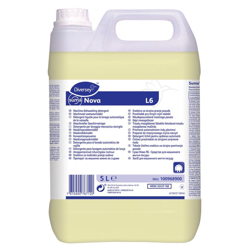 A 5-liter plastic container with Suma Nova L6, a liquid, chlorine- and NTA-free machine dishwashing detergent for hard water from Diversey Deutschland GmbH & Co. OHG, with a white lid and carrying handle; with a multilingual instruction manual on the label.