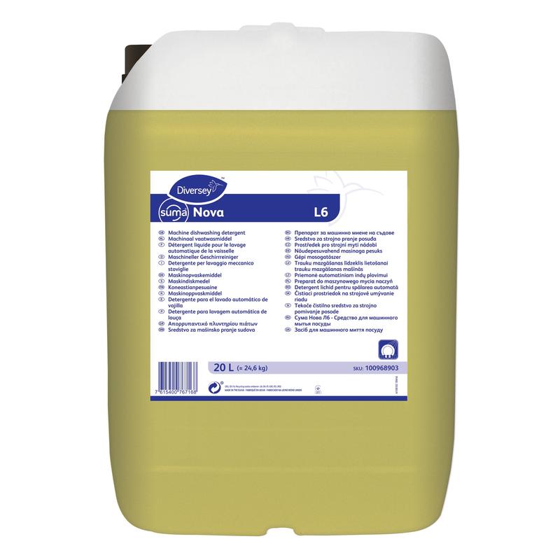 A 20-liter container of the liquid, chlorine- and NTA-free machine dishwashing detergent Suma Nova L6 from Diversey Deutschland GmbH & Co. OHG for hard water features a white lid and a multilingual label. The color of the cleaning agent is yellow.