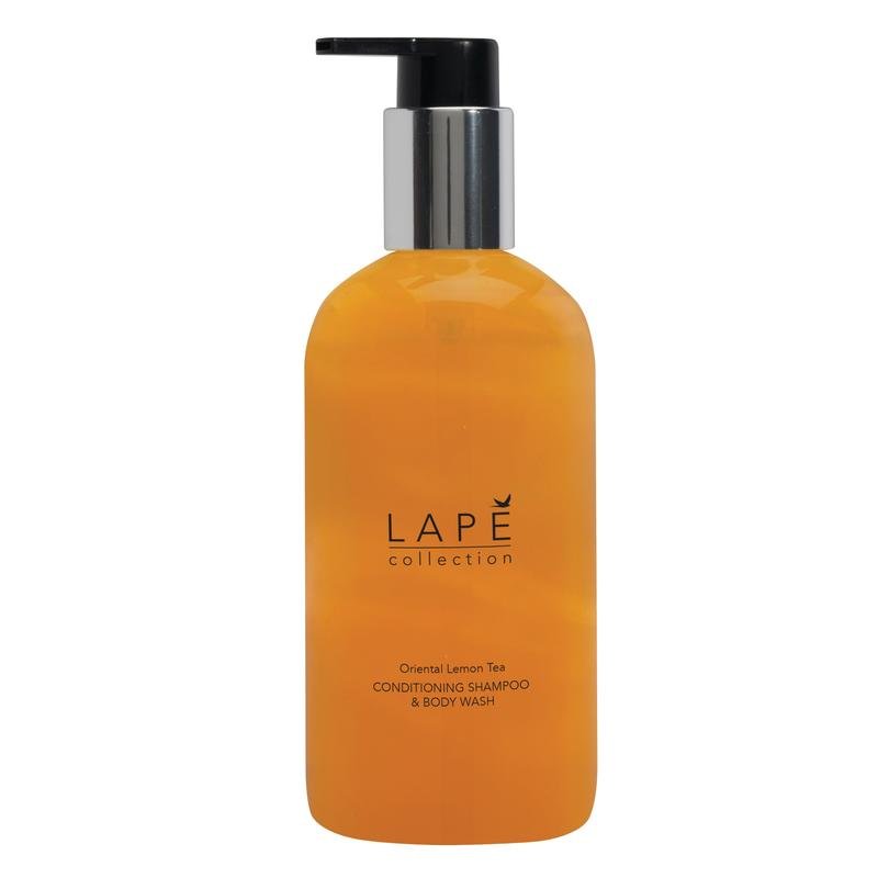 A 300 ml bottle made of clear plastic with a black pump and silver collar, labeled "LAPĒ Collection Oriental Lemon Tea Body Wash & Shampoo" by Diversey Deutschland GmbH & Co. OHG, offers a refreshing oriental scent.