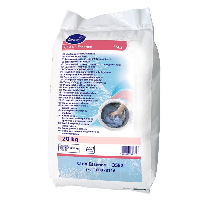 A 20-kg bag of Clax Essence 35E2 phosphate-free detergent from Diversey Germany, ideal for soft to medium-hard water, with bleach; includes product information in various languages and washing machine image.