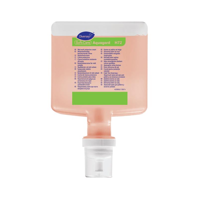 The Soft Care Aquagard skin protection cream cartridge (1300 ml) from Diversey Germany has a rectangular pink refill pack with a white cap and blue-green label, ideal for daily use and external protection, like a skin protection cream.