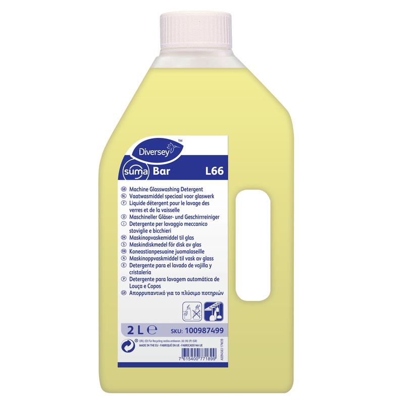 A 2-liter bottle of Suma Bar L66 special glass detergent from Diversey Deutschland GmbH & Co. OHG, ideal for the catering industry; yellow liquid with a multilingual label with product information and instructions.