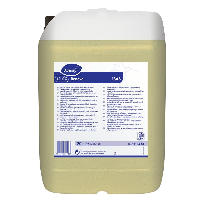A 20L canister of Diversey Clax Renova 13A3 washing power enhancer from Diversey Deutschland GmbH & Co. OHG, removes sunscreen stains and improves water quality; white cap, blue label, light yellow liquid inside.