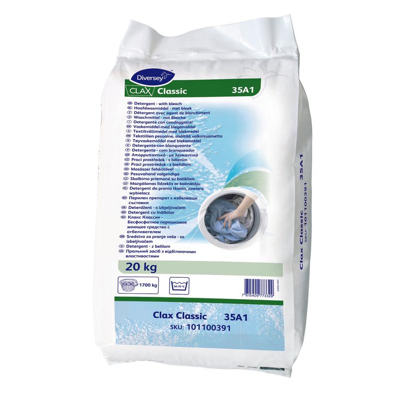 A 20 kg bag of Clax Classic 35A1 full detergent from Diversey Germany, ideal for soft to medium-hard water, with instructions for use and product information on blue-white packaging - perfect for commercial laundries.