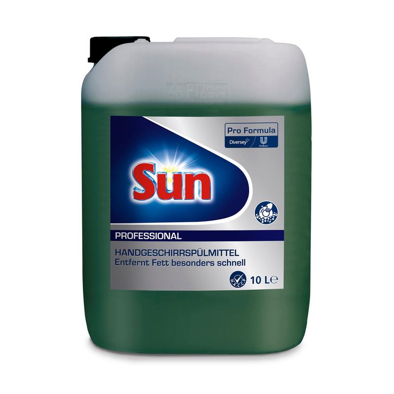 A 10-liter container of Diversey Sun Professional hand dishwashing liquid from Diversey Deutschland GmbH & Co. OHG, labeled in blue, white, and red with German text and logos. The partially filled container contains green liquid.