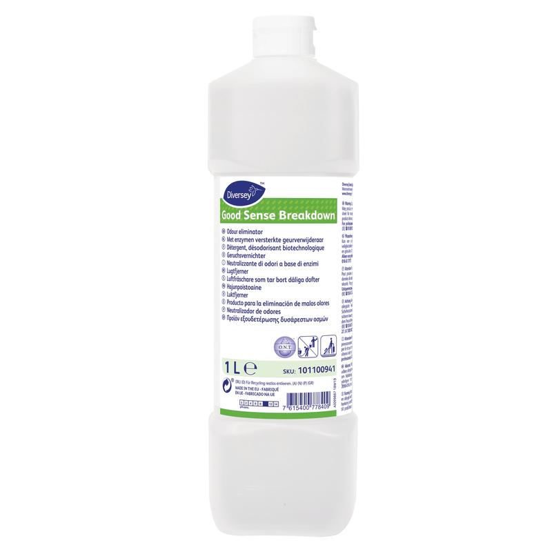 A white 1-L plastic bottle labeled "Good Sense Breakdown, Odor Remover" from Diversey Deutschland GmbH & Co. OHG with multilingual text and a white screw cap. Effectively neutralizes odors - ideal as an odor remover.
