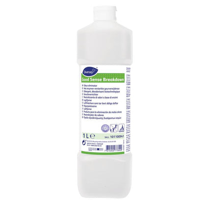 A white 1-L plastic bottle labeled "Good Sense Breakdown, Odor Remover" from Diversey Deutschland GmbH & Co. OHG with multilingual text and a white screw cap. Effectively neutralizes odors - ideal as an odor remover.