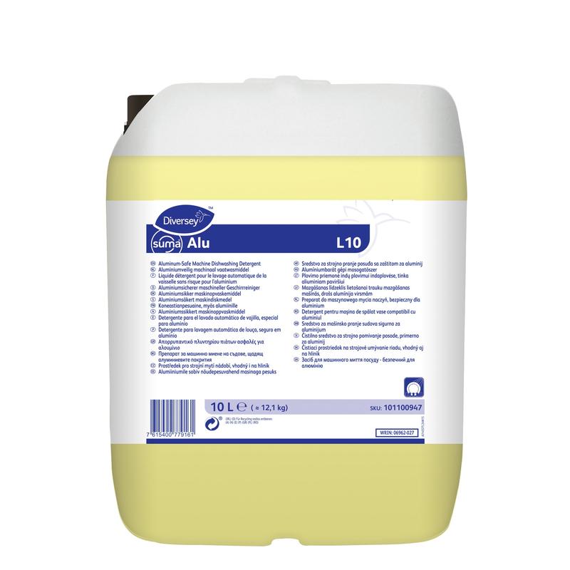 A 10-liter container of Diversey Suma Alu L10, aluminum-safe dish cleaner for all water hardnesses from Diversey Deutschland GmbH & Co. OHG, features a white lid, yellow liquid, and multilingual instructions on the front label.