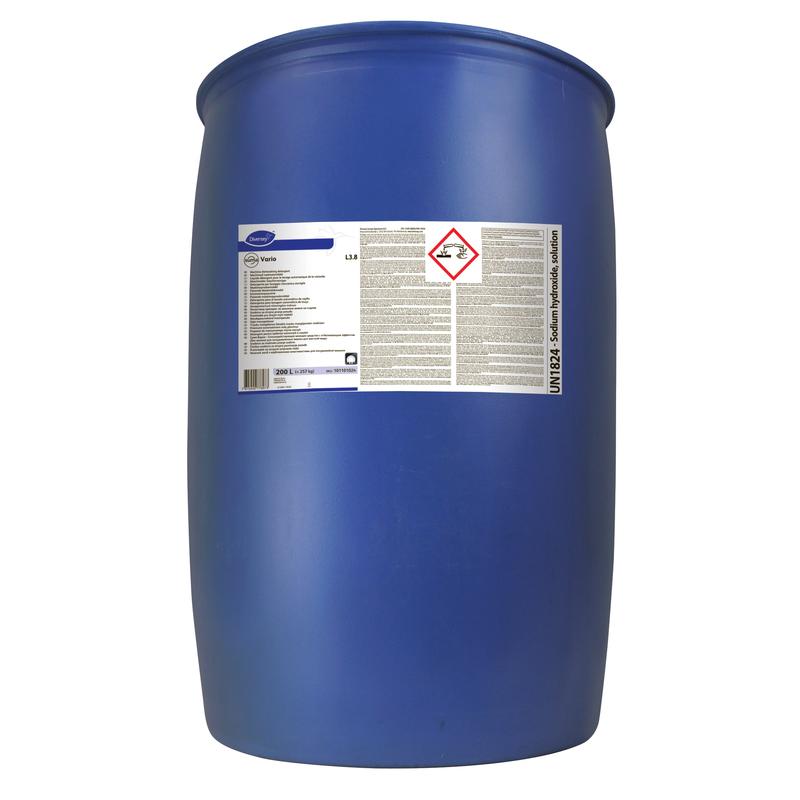 On a plain white background with hazard markings, a large blue industrial drum stands upright with the inscription "Diversey Suma Vario L3.8," a chlorine-free dishwashing detergent with bleach for medium to hard water from Diversey Deutschland GmbH & Co. OHG.