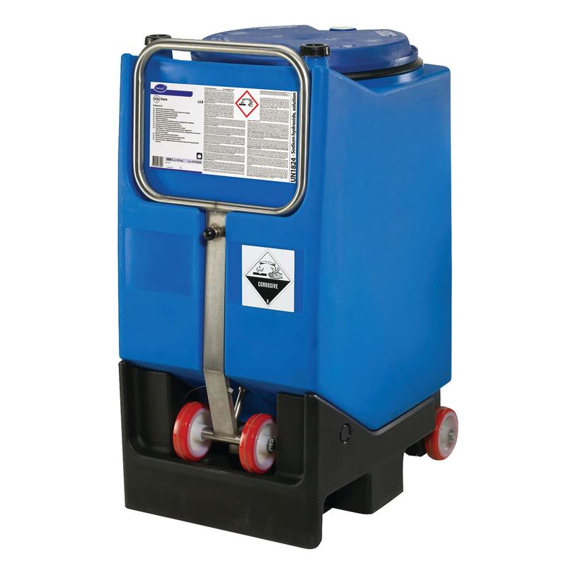 A large blue plastic container with Diversey Suma Vario L3.8 dishwashing detergent with bleach without chlorine odor from Diversey Deutschland GmbH & Co. OHG, designed for medium hard to hard water, features warning labels and stands on a black base with handle and wheels.