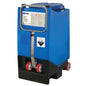 The Diversey Suma Tera L56 from Diversey Deutschland GmbH & Co. OHG is a blue chemical container with wheels, a metal handle, black base, warning labels for corrosive content and safety information, as well as a screw cap.