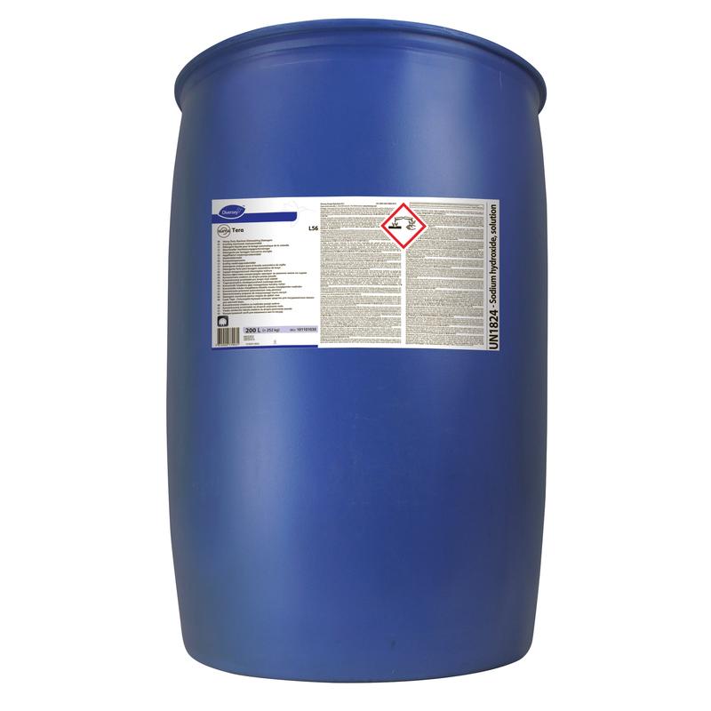 A large blue plastic barrel labeled "Diversey Suma Tera L56, Highly Concentrated Dishwashing Detergent for Hard Water" from Diversey Deutschland GmbH & Co. OHG stands upright and bears hazard symbols and text on a white label against a white background.