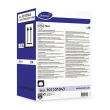 A white-purple box with the label "Diversey Suma Tera L56, Highly Concentrated Dishwashing Detergent for Hard Water" from Diversey Deutschland GmbH & Co. OHG with product details, safety information, barcodes, arrows, SKU 101101043 and WRIN 02437-129.